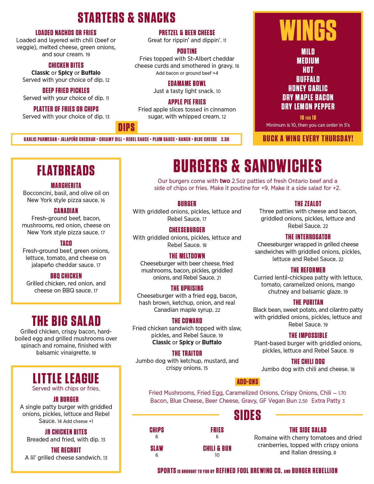 Burger Rebellion menu featuring starters, snacks, burgers, and sides.