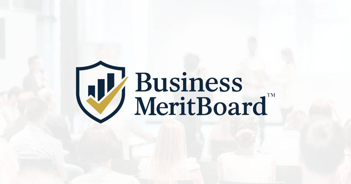 Business Merit Board logo with shield and upward graph symbol.