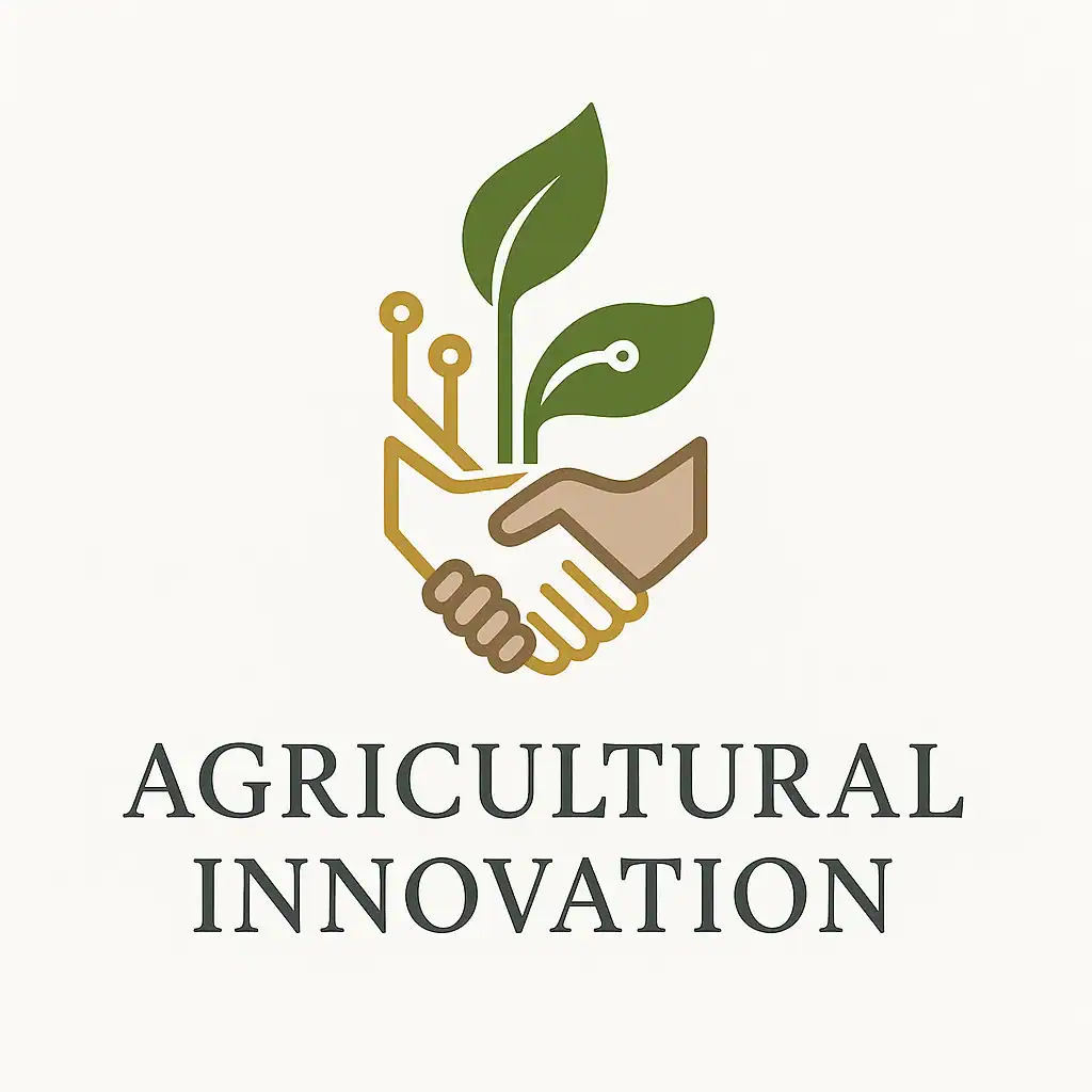 Agricultural innovation logo with a hand holding a plant and circuit lines.