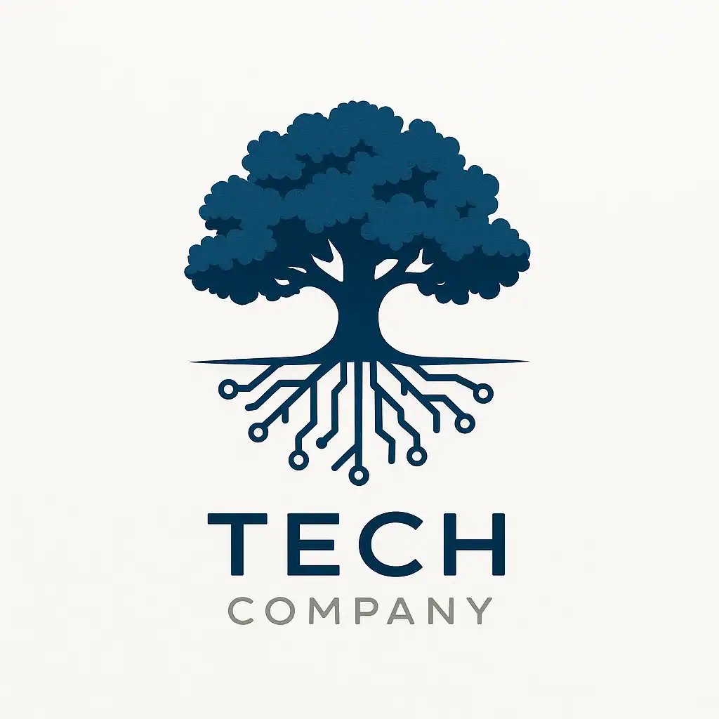 Tech company logo with a tree and circuit board roots for Business Merit Board.