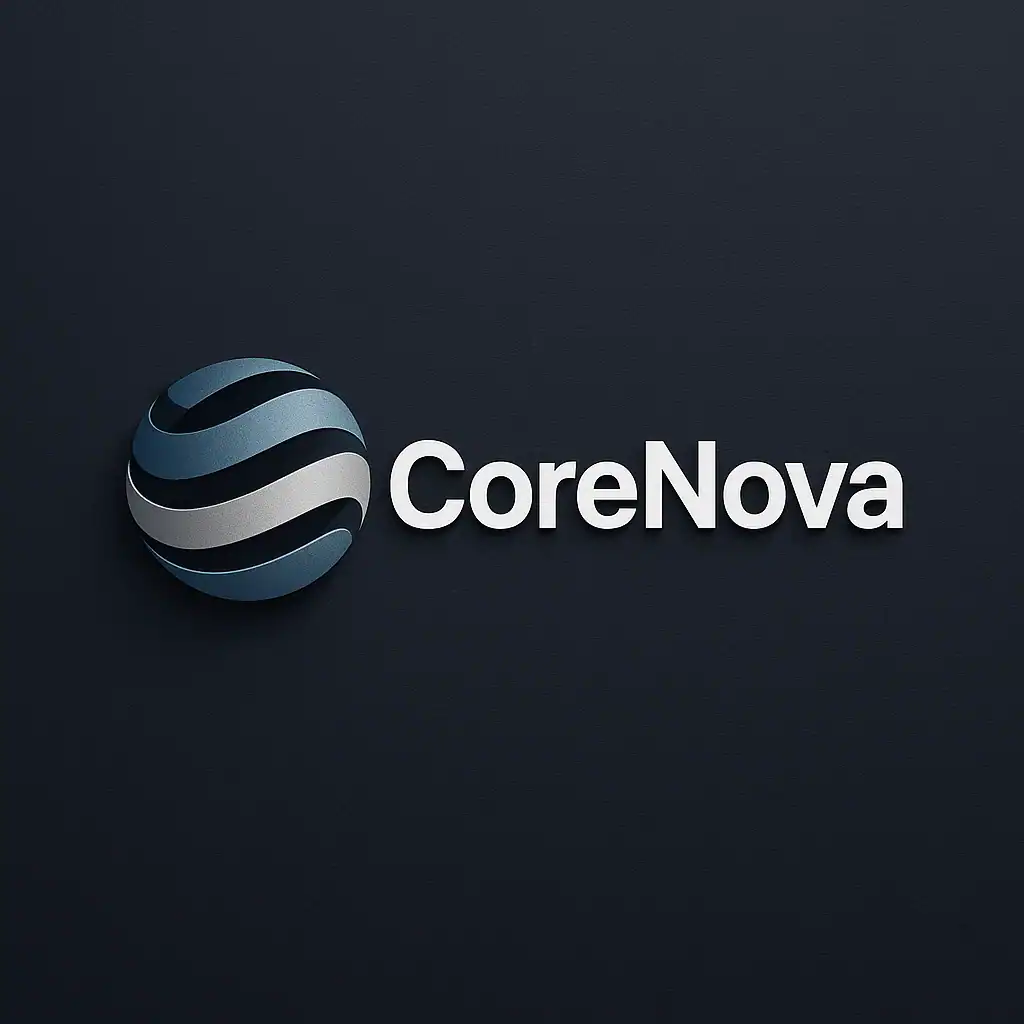 CoreNova logo with spherical design and modern font on dark background.