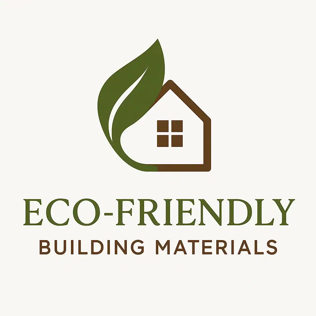 Eco-friendly building materials logo with leaf and house icon.