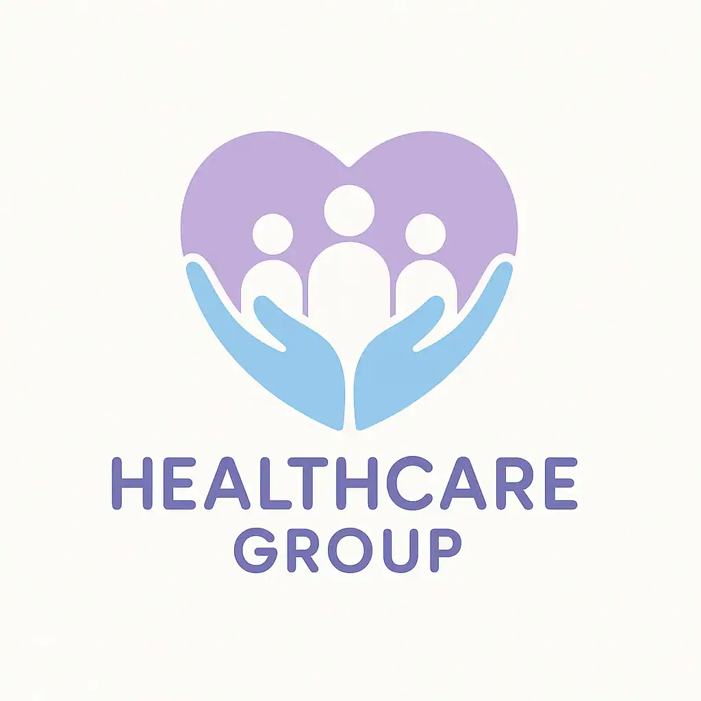 Healthcare group logo with hands holding a heart and three people inside.