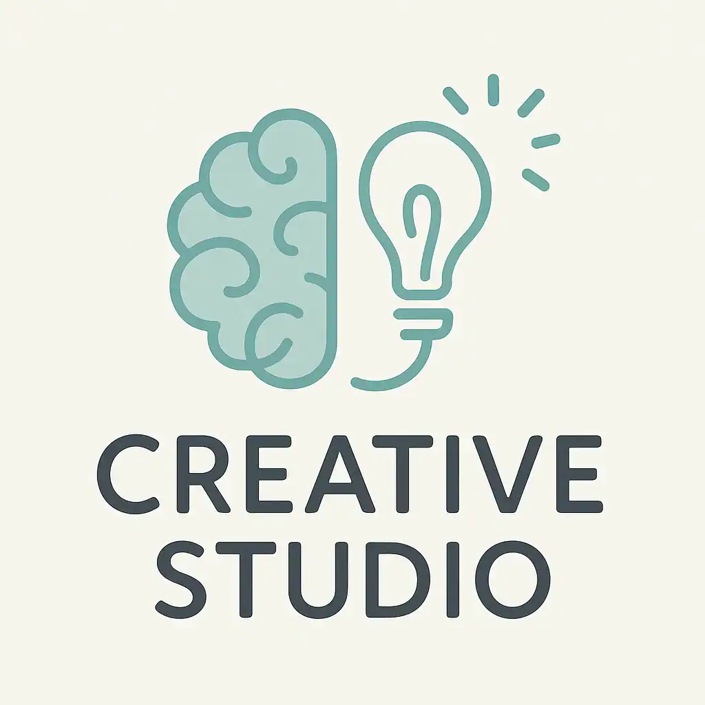 Creative studio logo with brain and lightbulb icons for innovation.