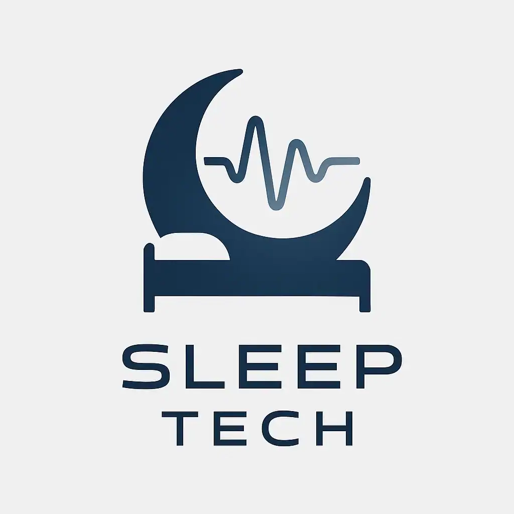 Sleep Tech logo with moon and heartbeat line for sleep monitoring.