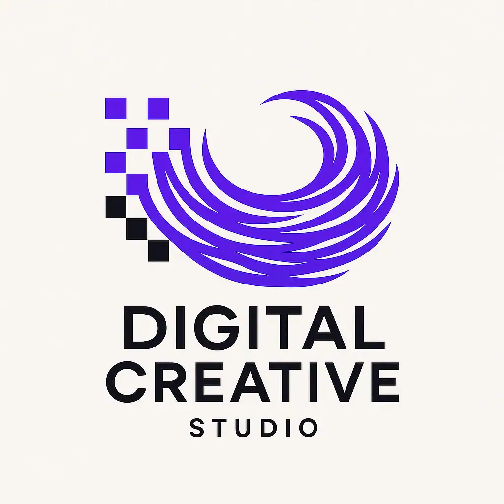 Digital Creative Studio logo with purple swirl and pixel design elements.