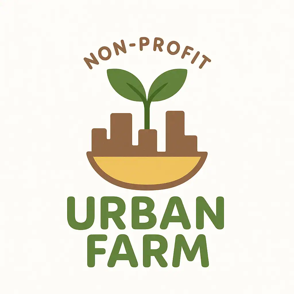 Non-profit urban farm logo with cityscape and plant imagery.