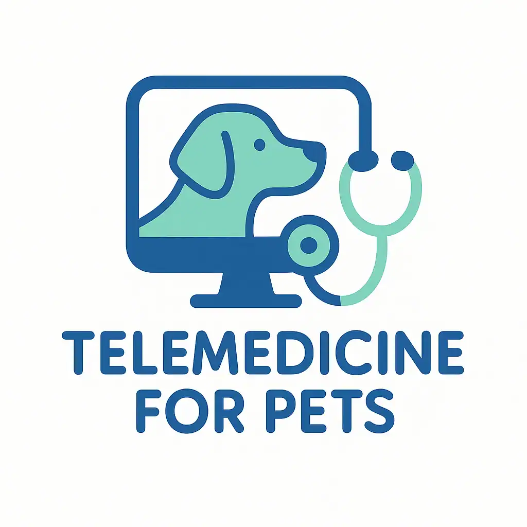 Telemedicine for pets logo with dog and stethoscope illustration.