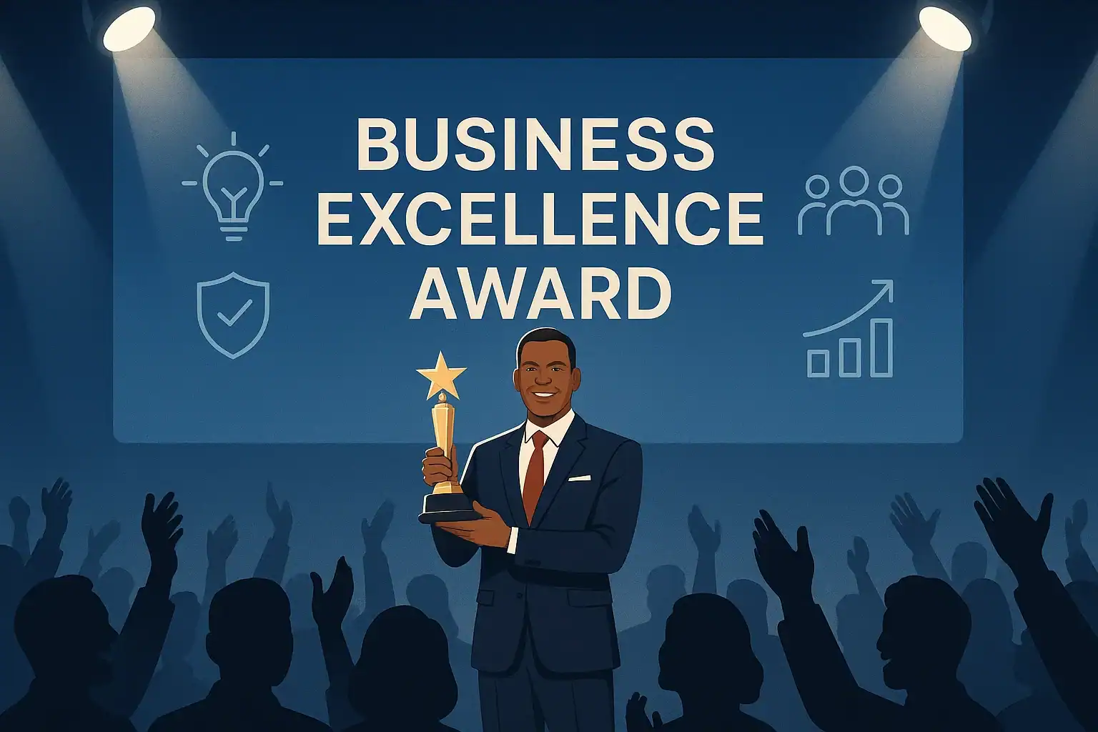 Businessman holding award at Business Excellence Award ceremony.