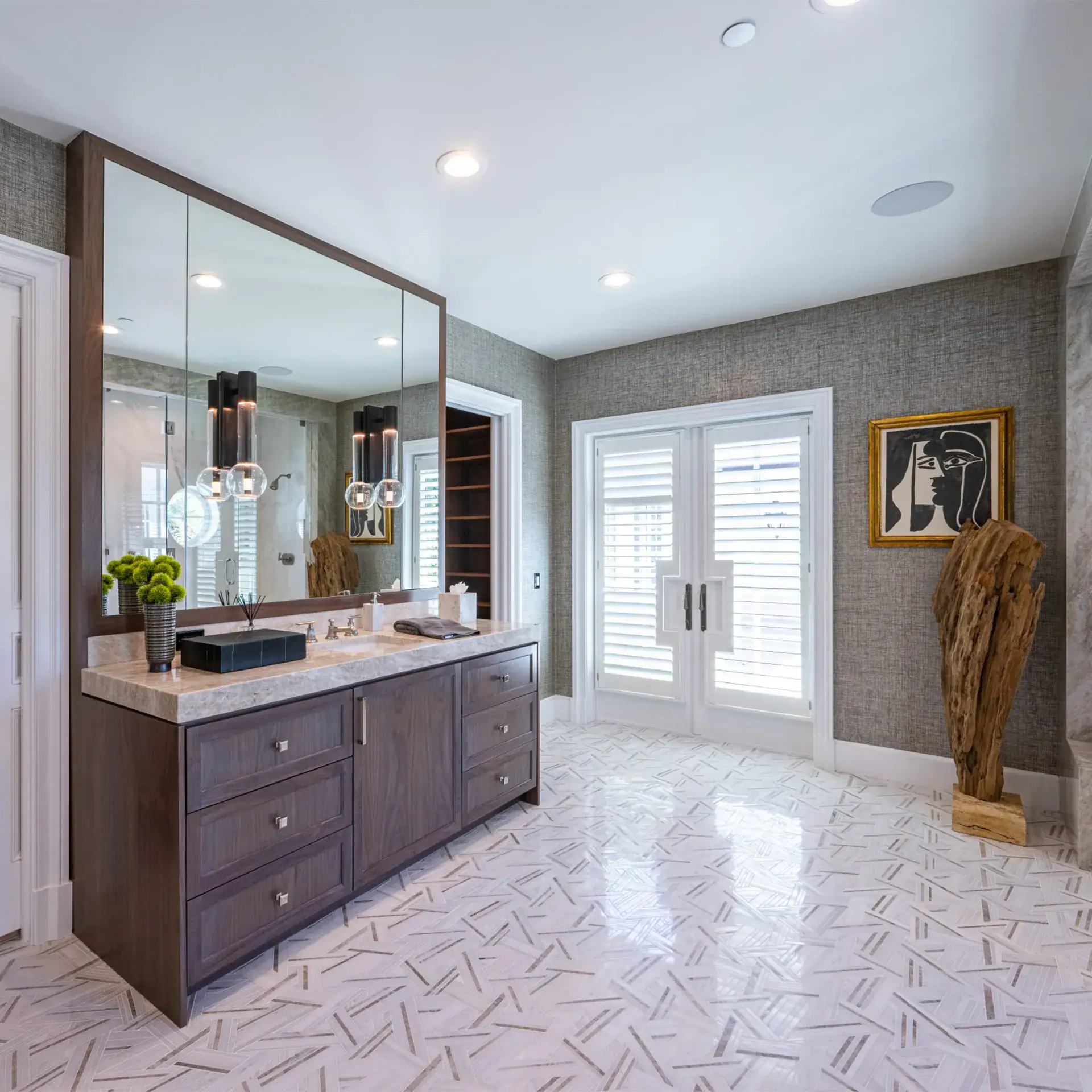 Opulent Dolomite bathroom showcasing a stunning mirror above a chic sink, exuding sophistication and grace.