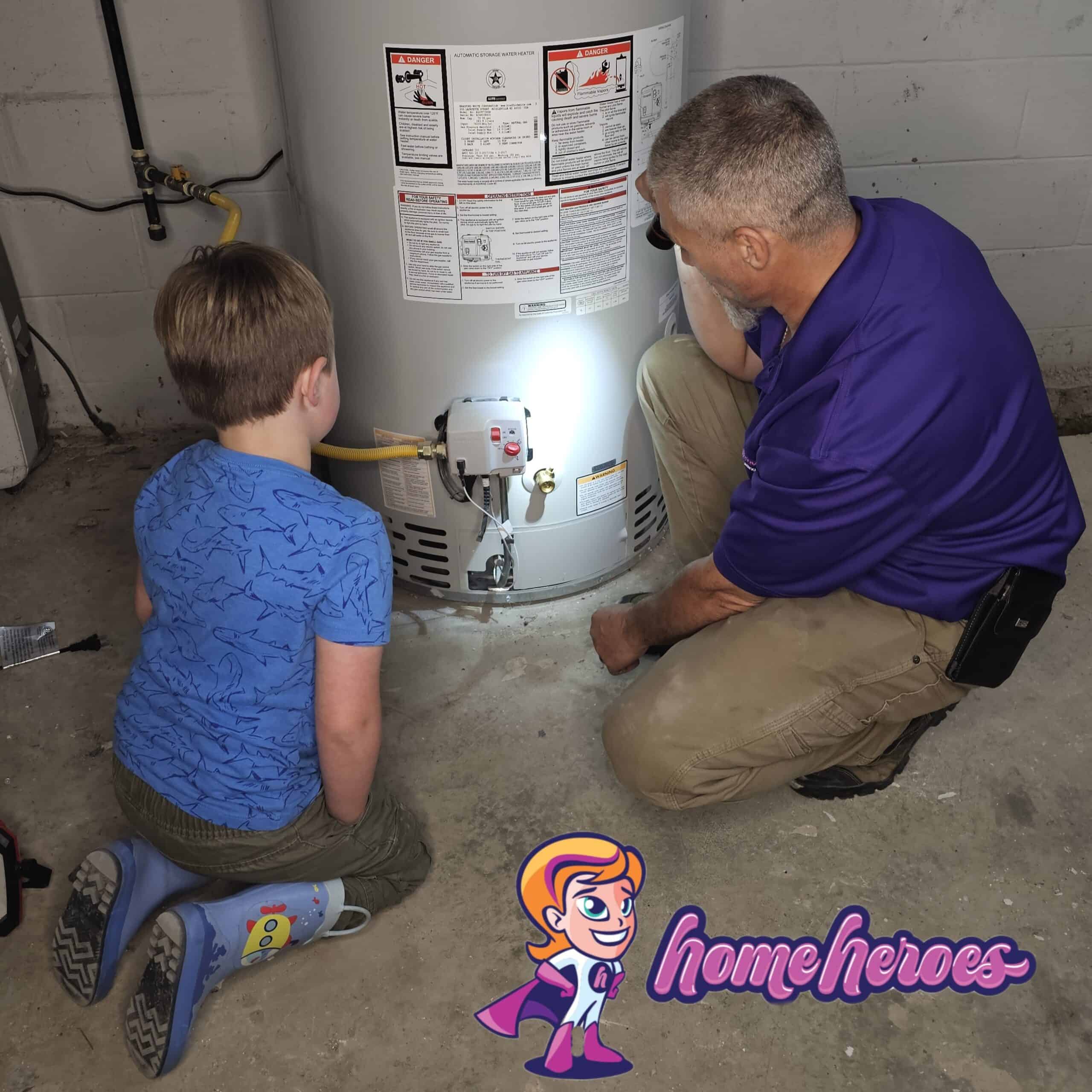 Home-Heroes-Plumbing-Heating-And-Air-Technician-Explaining-Water-Heater