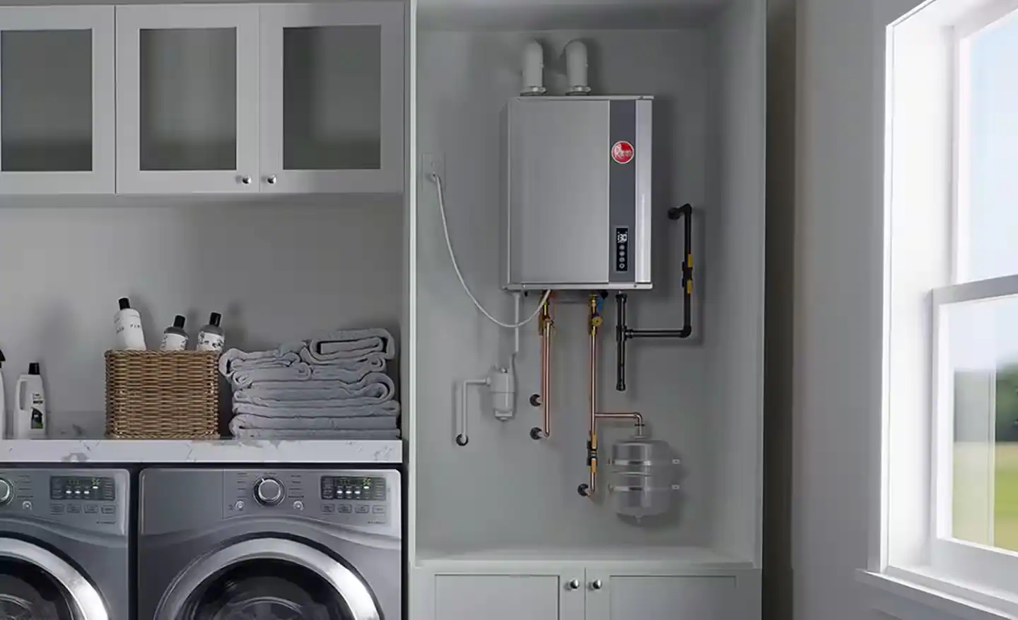 Rheem-Tankless-Water-Heater-Installed-Modern-Laundry-Room
