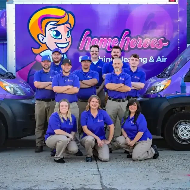 Home-Heroes-Plumbing-Heating-&-Air-Full-Team-Photo-With-Service-Van