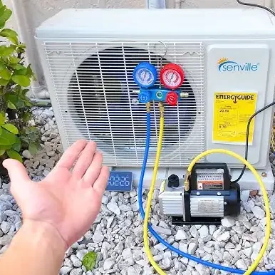 HVAC-Technician-Charging-Mini-Split-Refrigerant-Manifold-Gauges