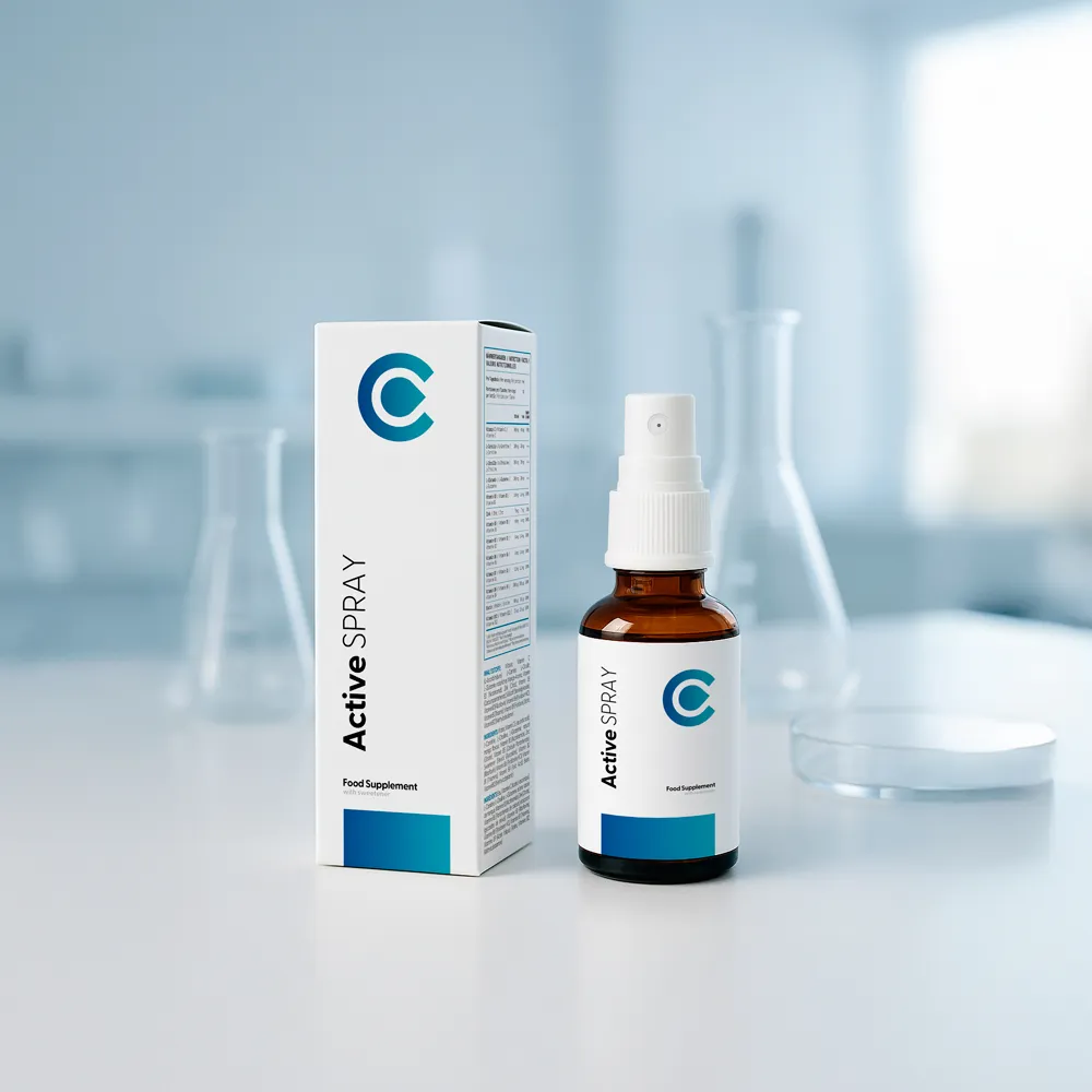 Calorie Active Spray Flasche im Laborumfeld, unterstreicht die wissenschaftliche Entwicklung der Formel zur Gewichtsbalance.