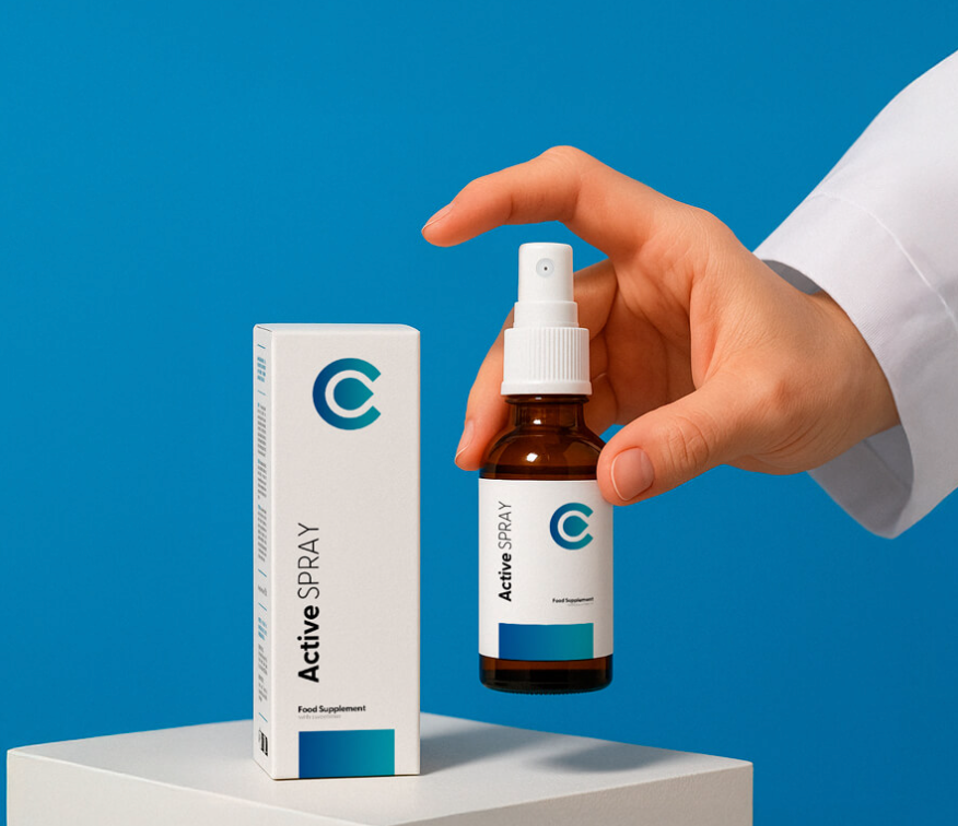 Hand hält Calorie Active Spray, demonstriert die einfache Anwendung des Sprays zur Unterstützung der Gewichtsabnahme.