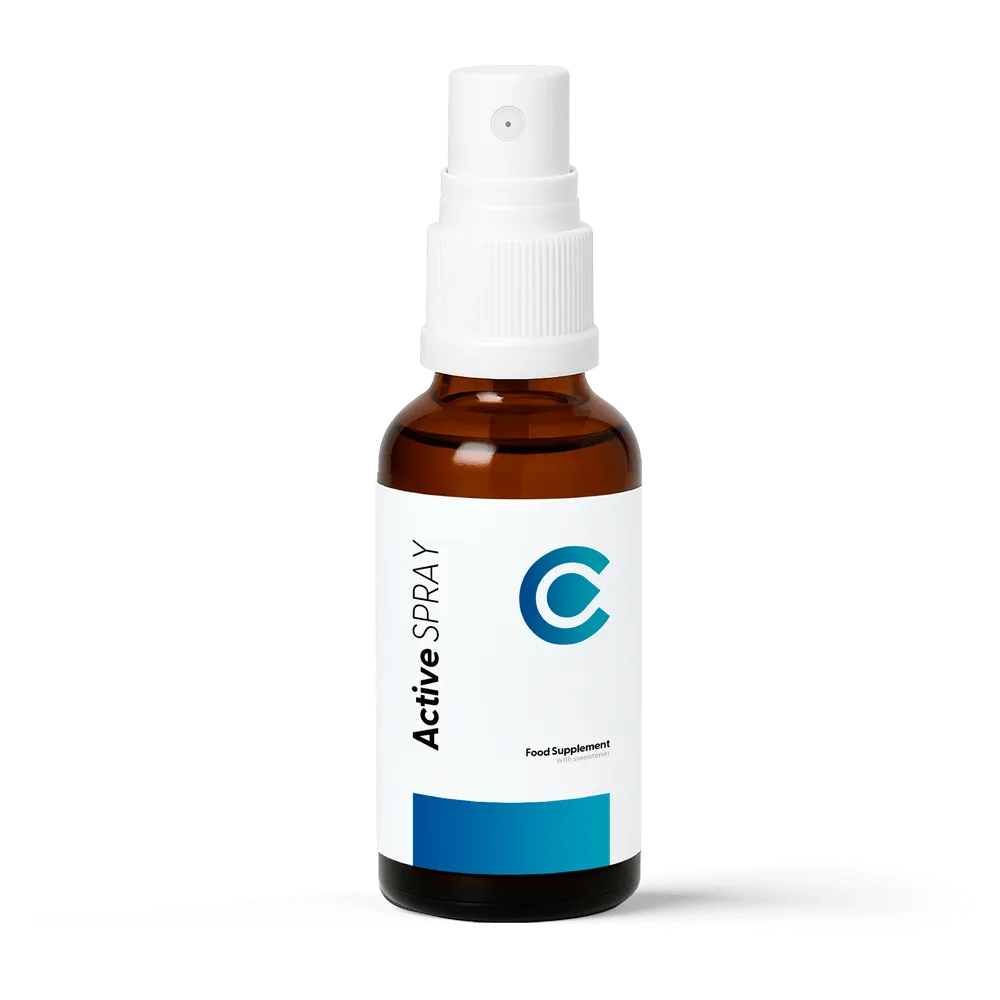 Calorie Active Spray Flasche in Nahaufnahme, natürliche Unterstützung für Gewichtsbalance und Stoffwechsel.