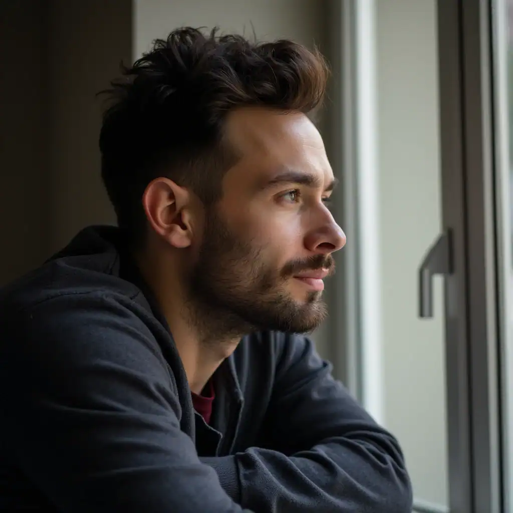 Thoughtful man gazing out window, contemplating legal solutions at Canyon State Law.