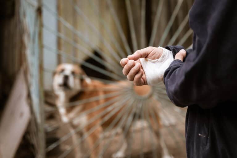 Person with injured hand and dog in outdoor setting, law firm branding in background.