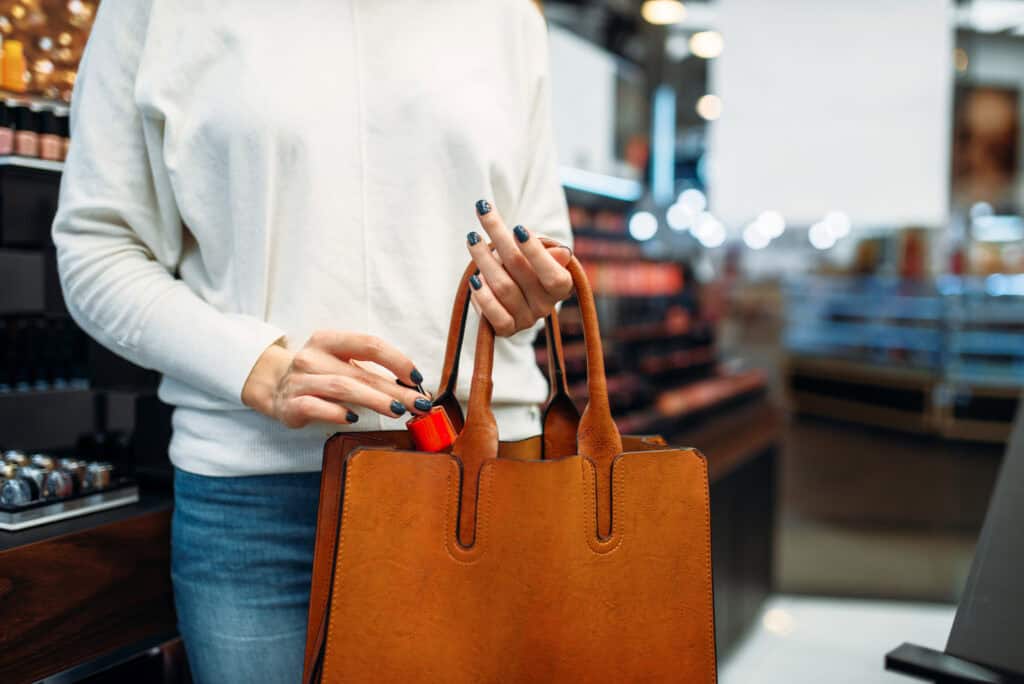 A woman shopping in a store holding a brown leather handbag.