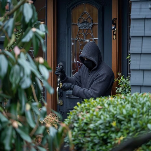 Hooded thief trying to break into a house door at night.