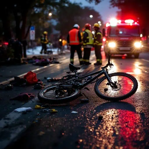 Bike accident scene with emergency responders at night, flashing lights, and debris on the road.