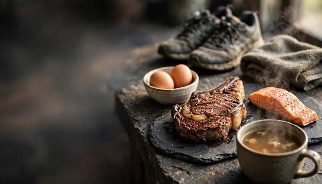 Freshly cooked steak, salmon, eggs, and a cup of coffee on a rustic wooden surface, ideal for carnivore diet recovery post-training.