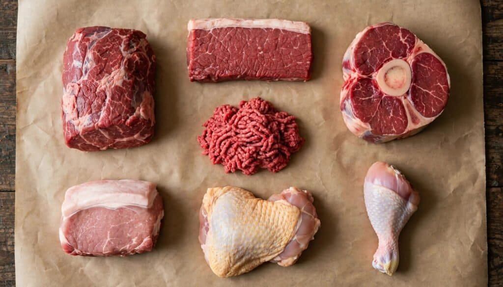 Assorted budget-friendly meat cuts including beef, chicken, and organ meats on parchment paper for a carnivore diet.
