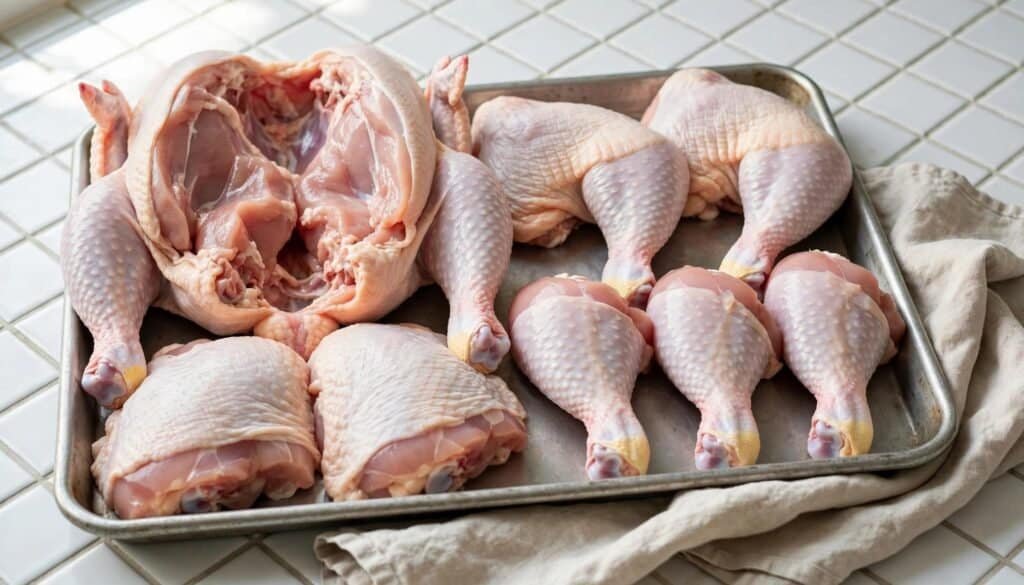 Raw chicken parts including drumsticks, thighs, and a whole chicken on a metal tray, ideal for a budget-friendly carnivore diet.