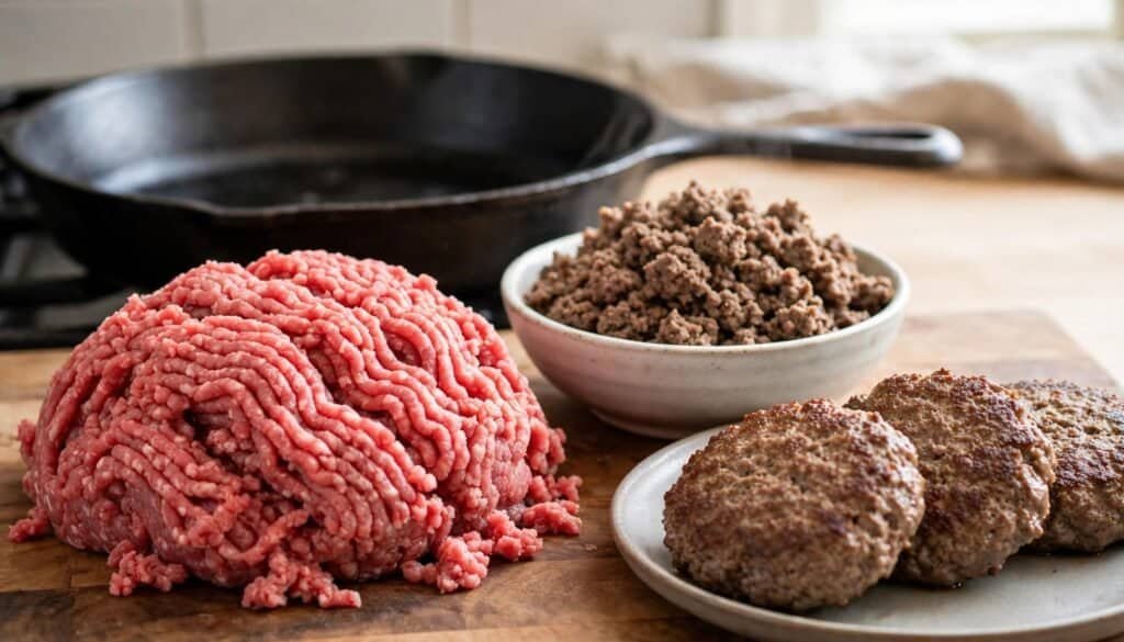 Ground beef, cooked meat patties, and a skillet on a wooden surface, ideal for a carnivore diet meal.