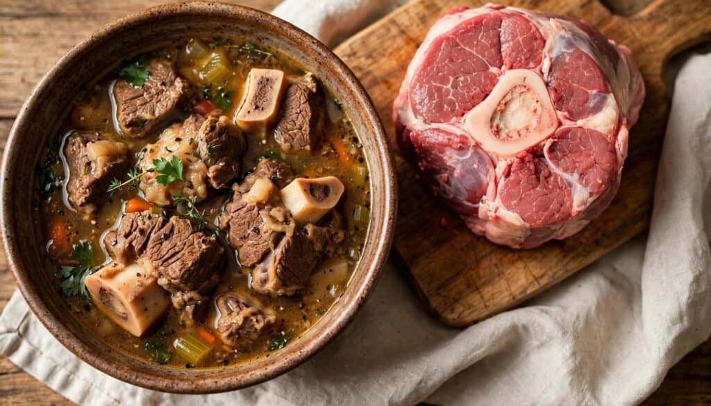 A bowl of hearty beef bone marrow soup with chunks of meat and vegetables, alongside a raw beef shank on a wooden cutting board.