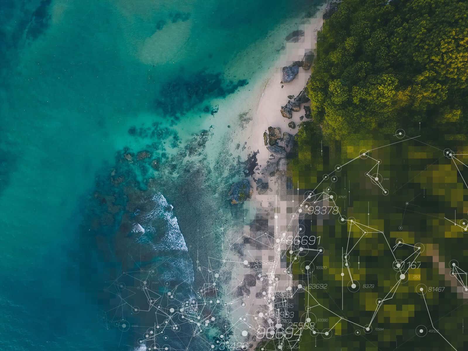 Image of a topical beach overlaid with data icons