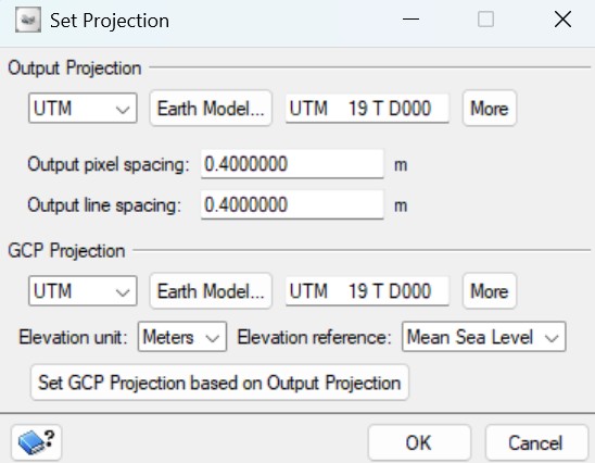 Output and GCP projection settings