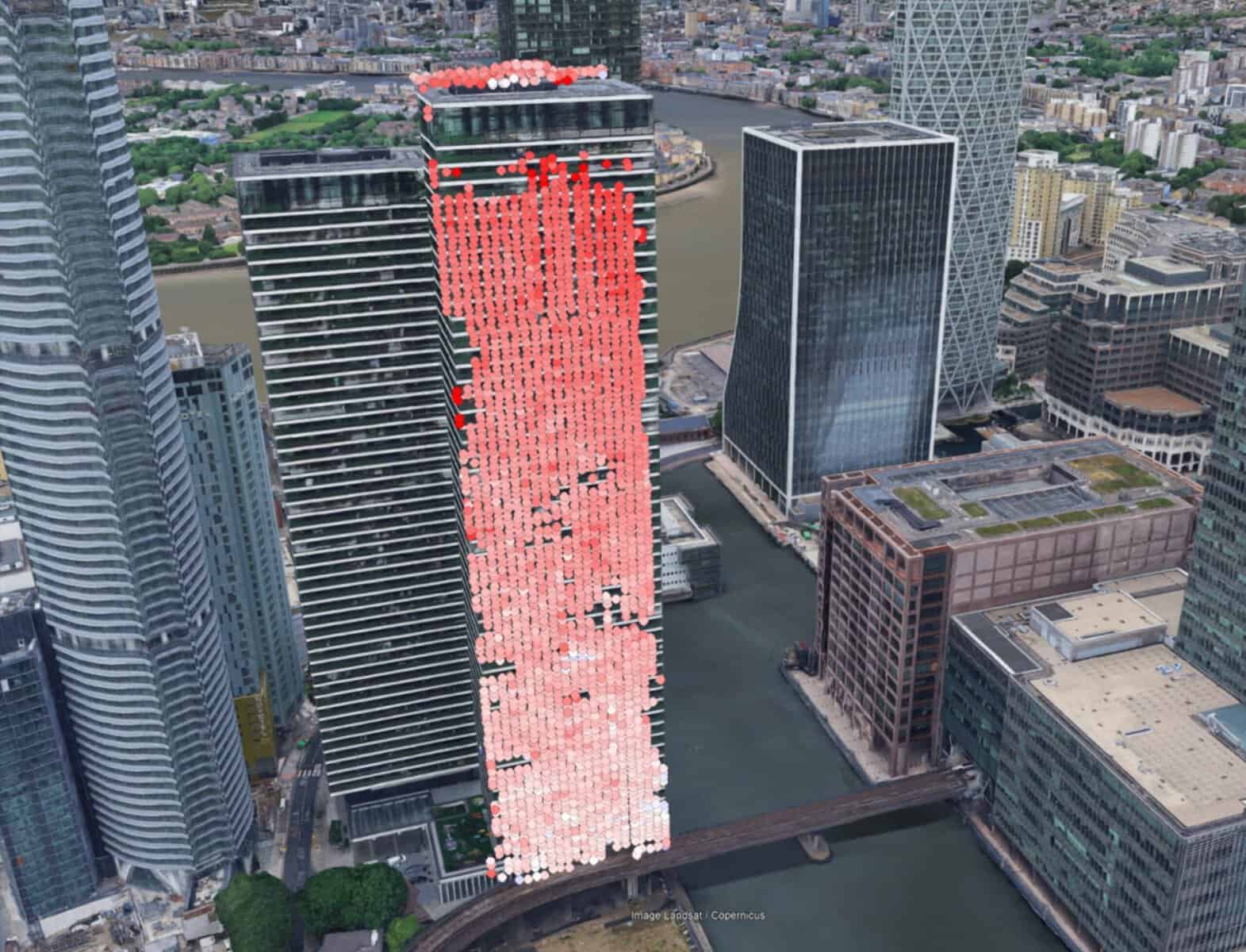 High-rise corridor with per-building displacement overlay