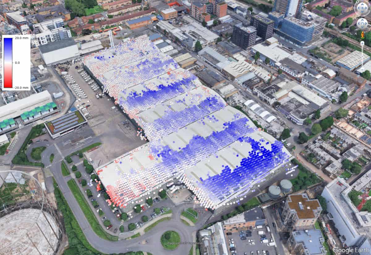 City-scale UrbanSAR displacement map used for risk zoning and underwriting
