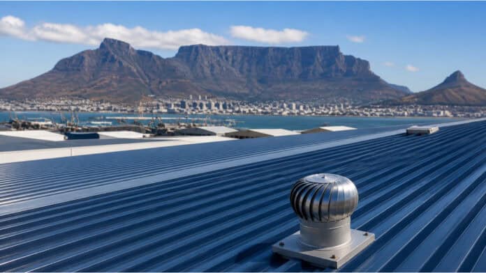 Clean industrial roof looking over the Cape Town Bay Towards Table Mountain