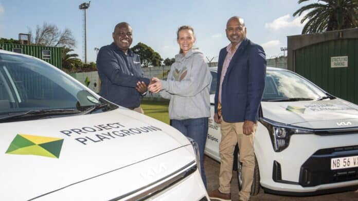 sthembiso mnisi left kevin govender from epiroc handing over the two vehicles to project playground co founder frida vesterberg