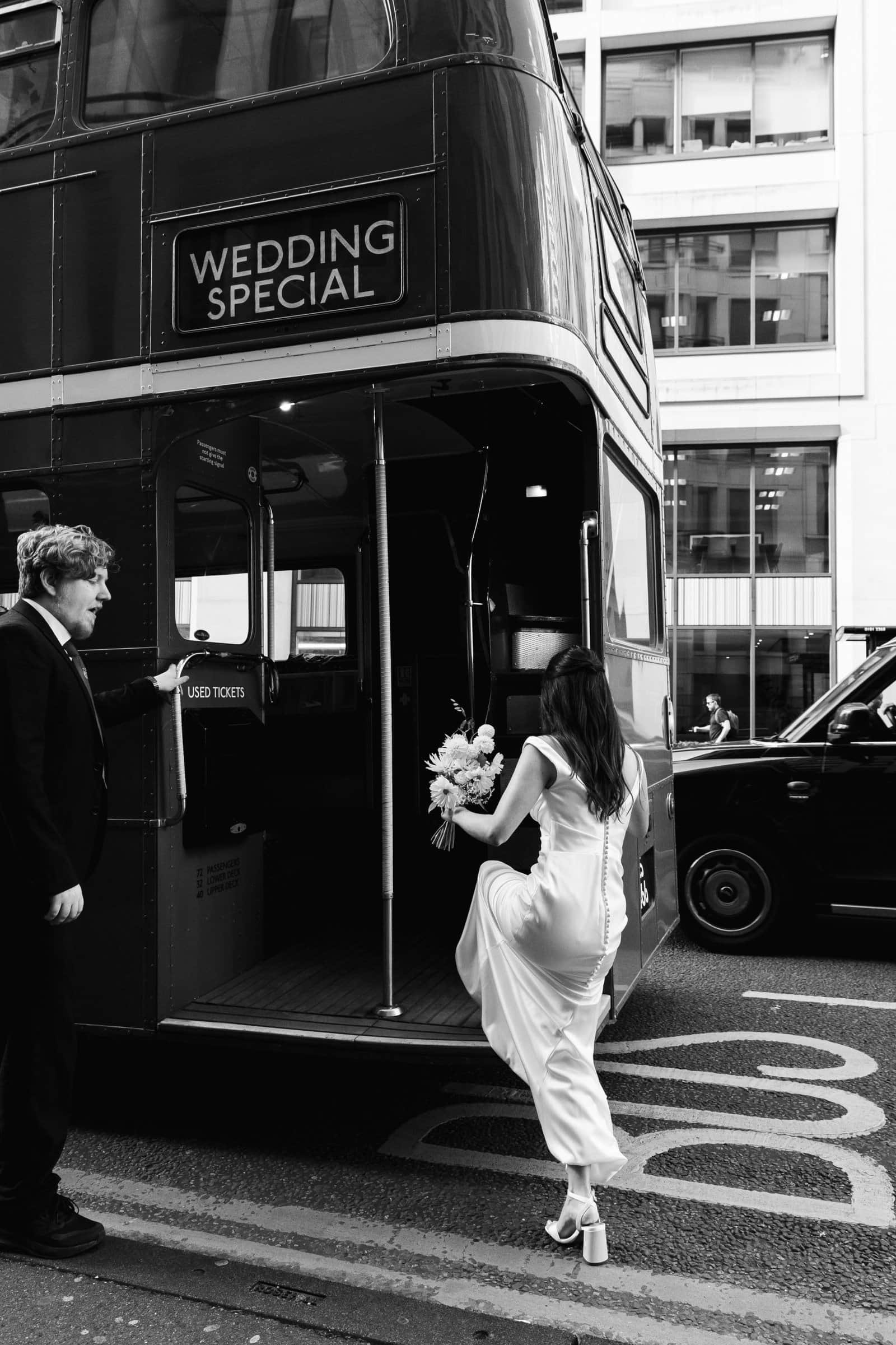 Vintage big red bus hire for London weddings UK - East London Wedding photographer Lauren Squire