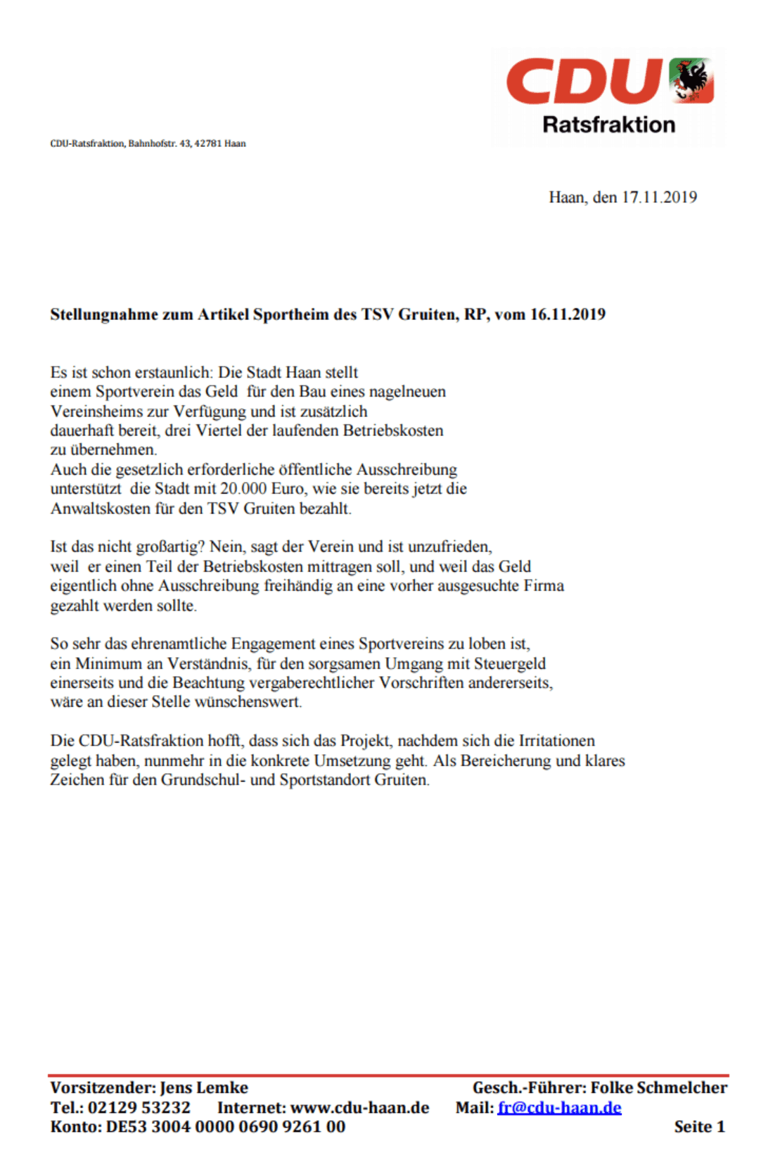19.11.2019 Stellungnahme zum Artikel Sportheim des TSV Gruiten, RP, vom 16.11.2019