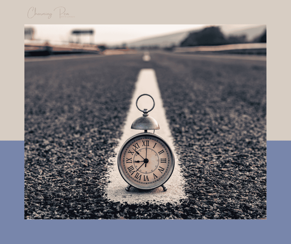 clock on dotted roadway line