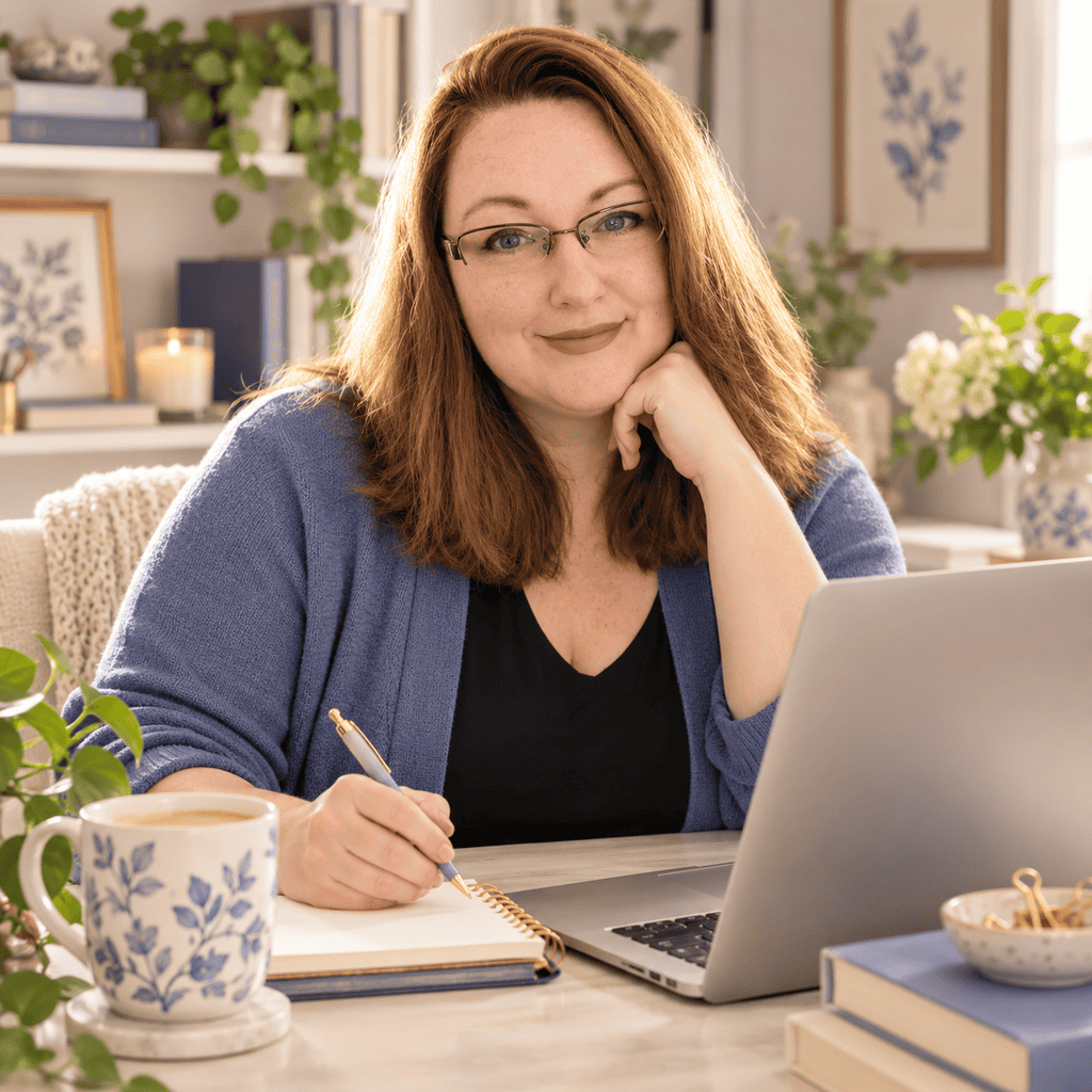 AI-generated portrait of Charming Pen founder Amber working at a desk in a home office.