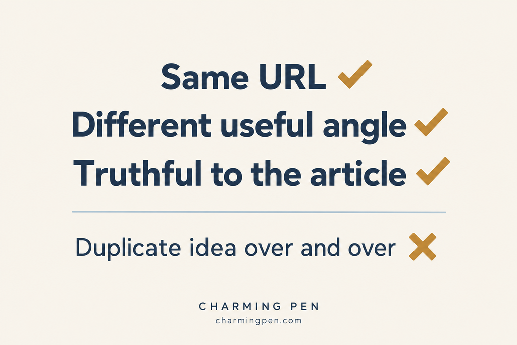 Checklist for multiple Pins linking to one article: same URL, different useful angle and truthful content, with a reminder to avoid repeating the same idea.