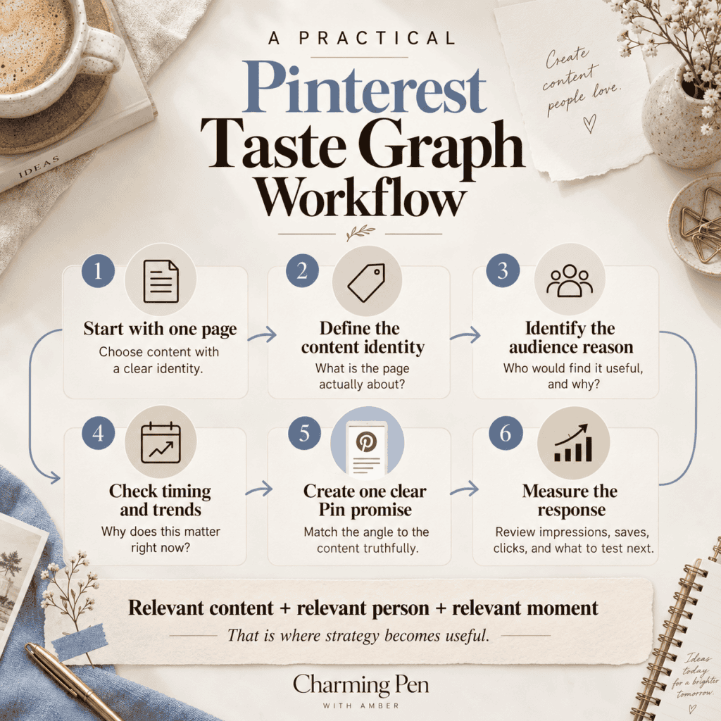 Pinterest Taste Graph workflow infographic showing six steps: define content identity, identify the audience reason, check trends and timing, create a clear Pin promise, and measure the response.