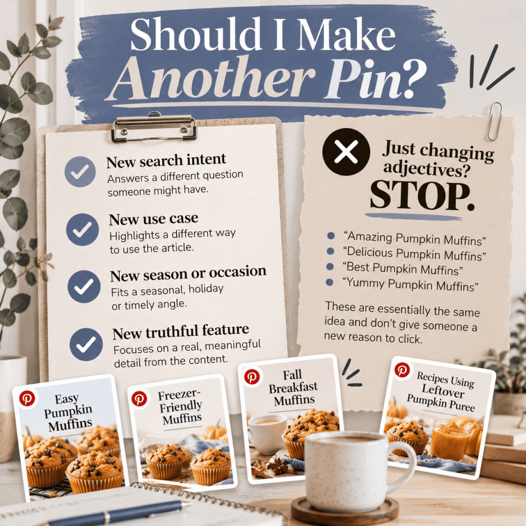 Pinterest strategy infographic titled “Should I Make Another Pin?” with a checklist for new search intent, use case, season, occasion, or truthful feature, contrasted with repetitive pumpkin muffin titles that only change adjectives.