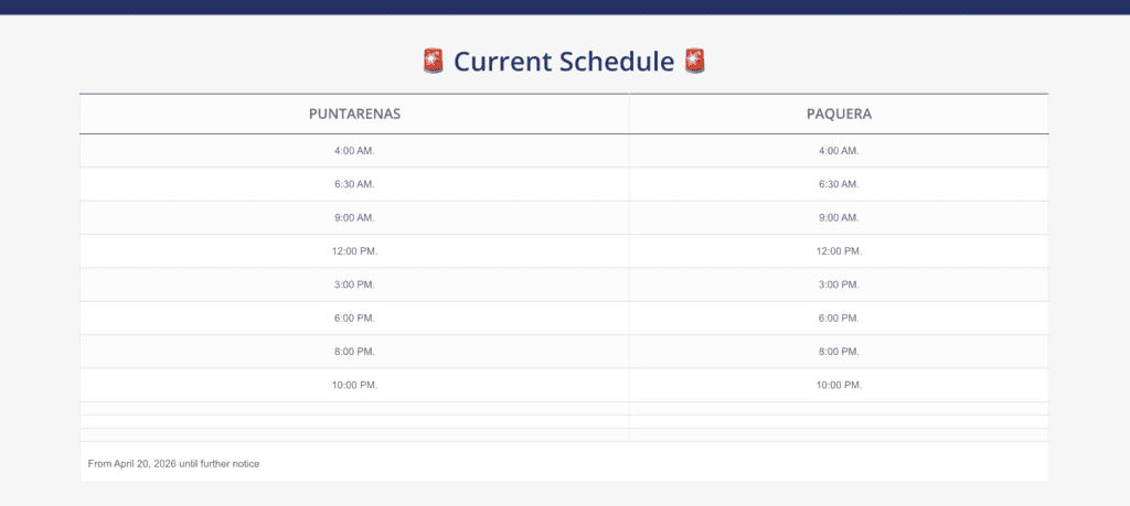 Puntarenas to Paquera ferry schedule from Naviera Tambor, valid from April 20, 2026
