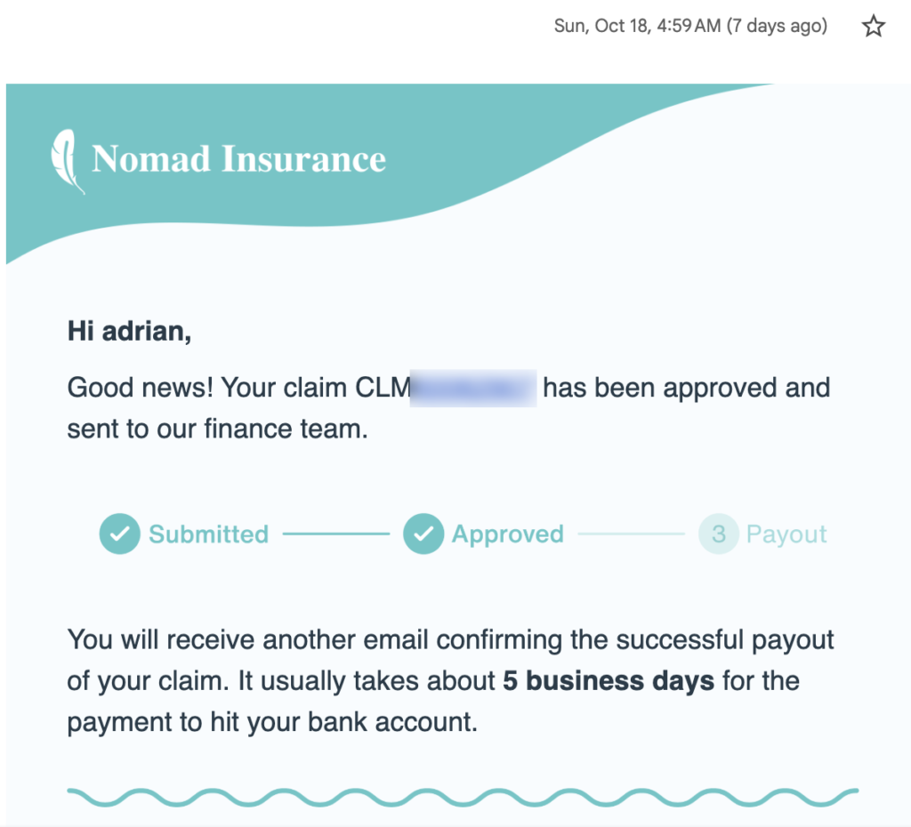 SafetyWing Nomad Insurance email: claim approved and sent to the finance team