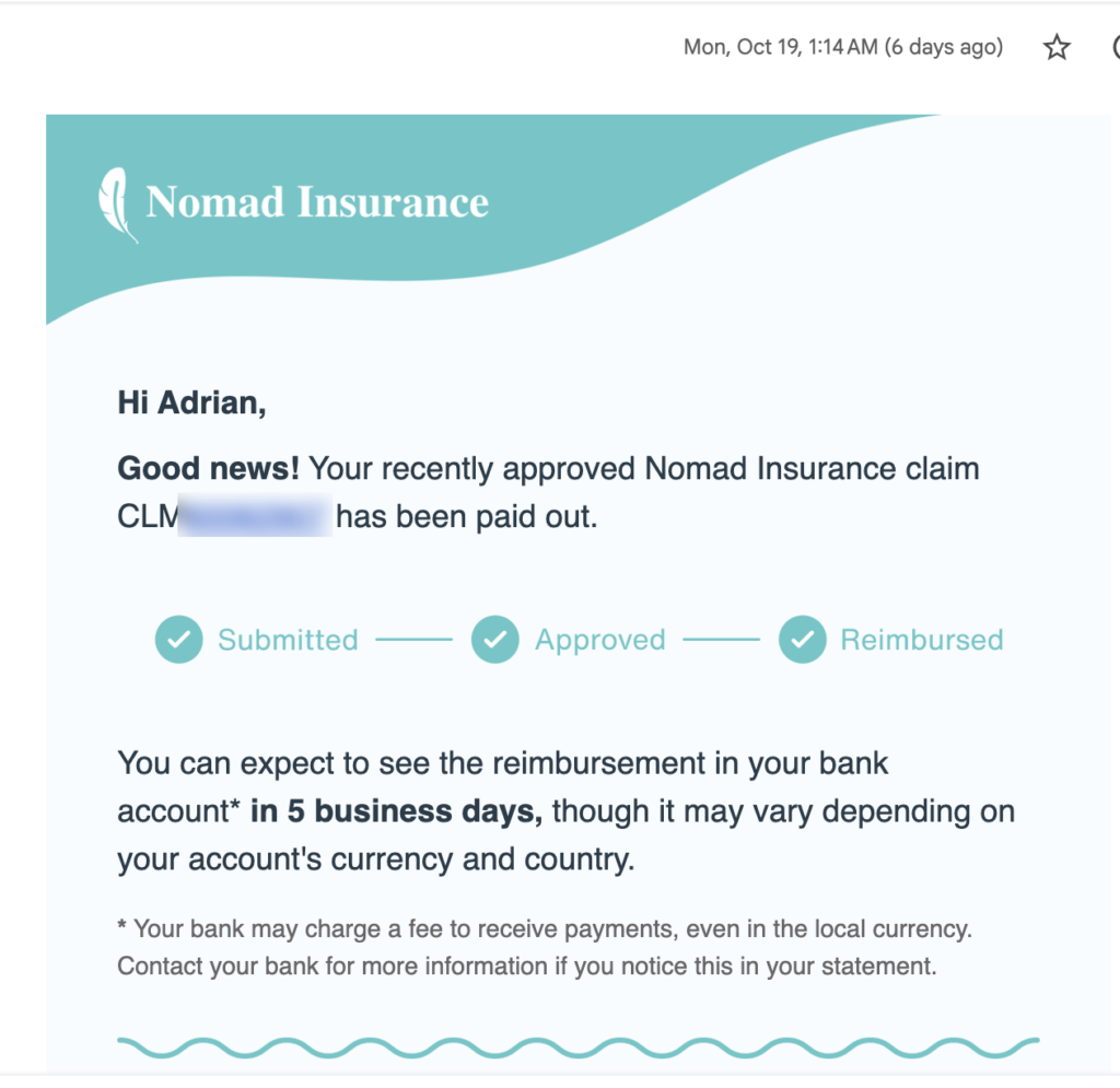 SafetyWing Nomad Insurance email: claim paid out, reimbursement in 5 business days