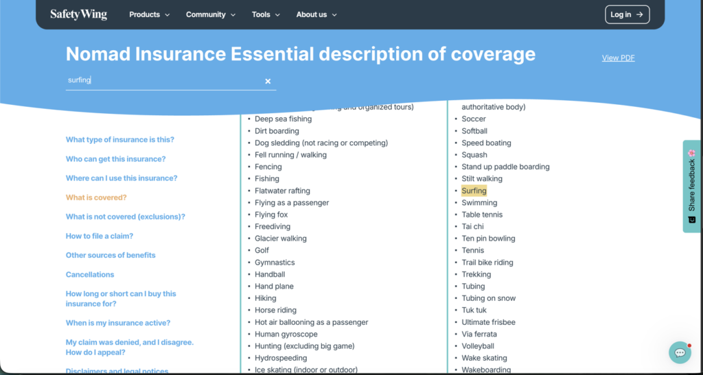 SafetyWing Nomad Insurance Essential coverage list with Surfing highlighted
