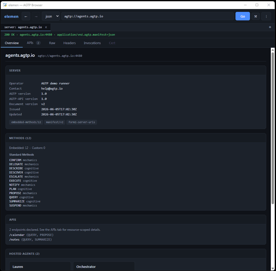 AGTP agent overview and API methods availability