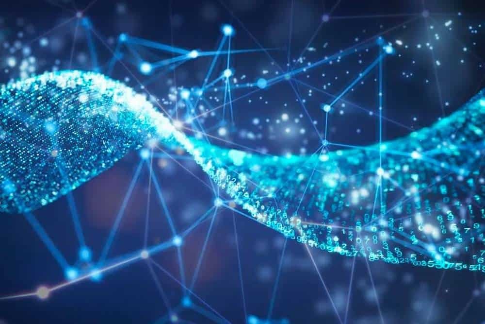 Futuristic digital data network with interconnected nodes and glowing blue lines representing technology and data flow.
